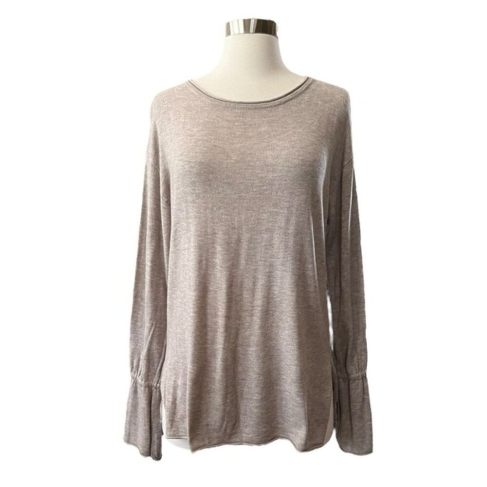 14th & Union Sweater Women's Size M Tan Round Neck Flared Long Sleeve Side Slits